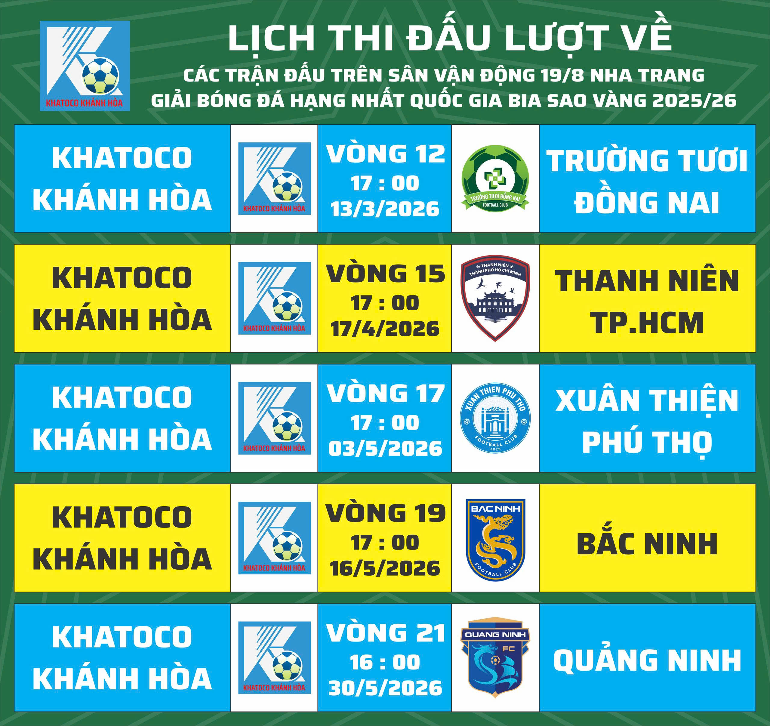 Lịch thi đấu CLB Khatoco Khánh Hòa